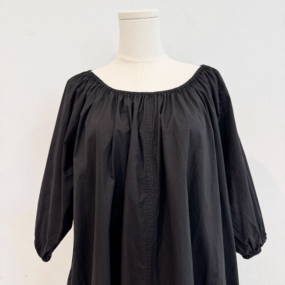Apiece Apart Asymmetrical Hem Cotton Poplin Puff Sleeve Midi Dress Black 0 XS - Picture 2 of 9